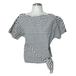 Small J.O.A Blue White Striped Tie Blouse Puff Sleeve